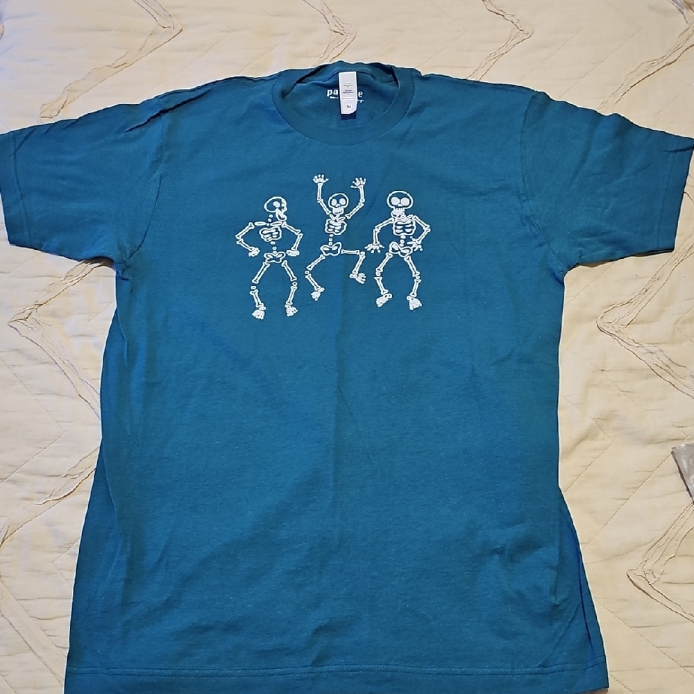 Teal Short Sleeve Tee with Dancing Skeletons